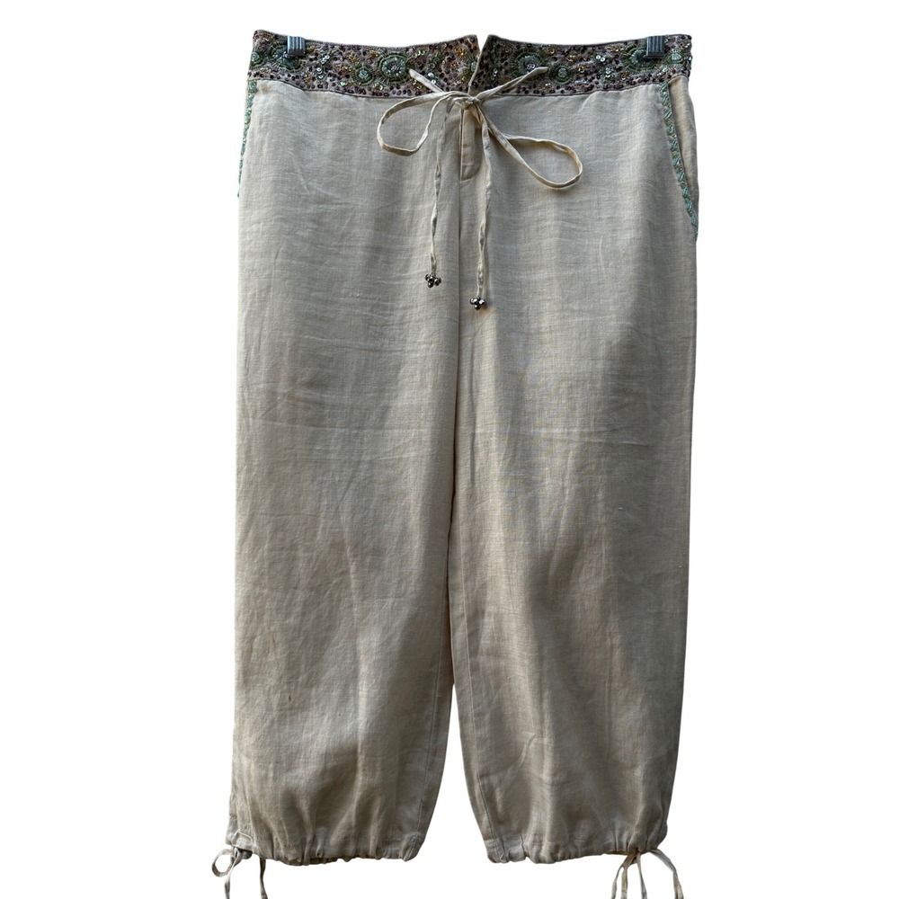 Miss Me Tan 100% Linen Embellished Cropped Pants Sequin Boho Y2K Large